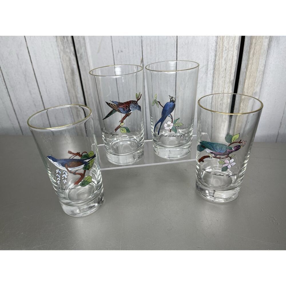 Vintage Set of 4 Hand Painted Bird Tumblers Drinking Glasses